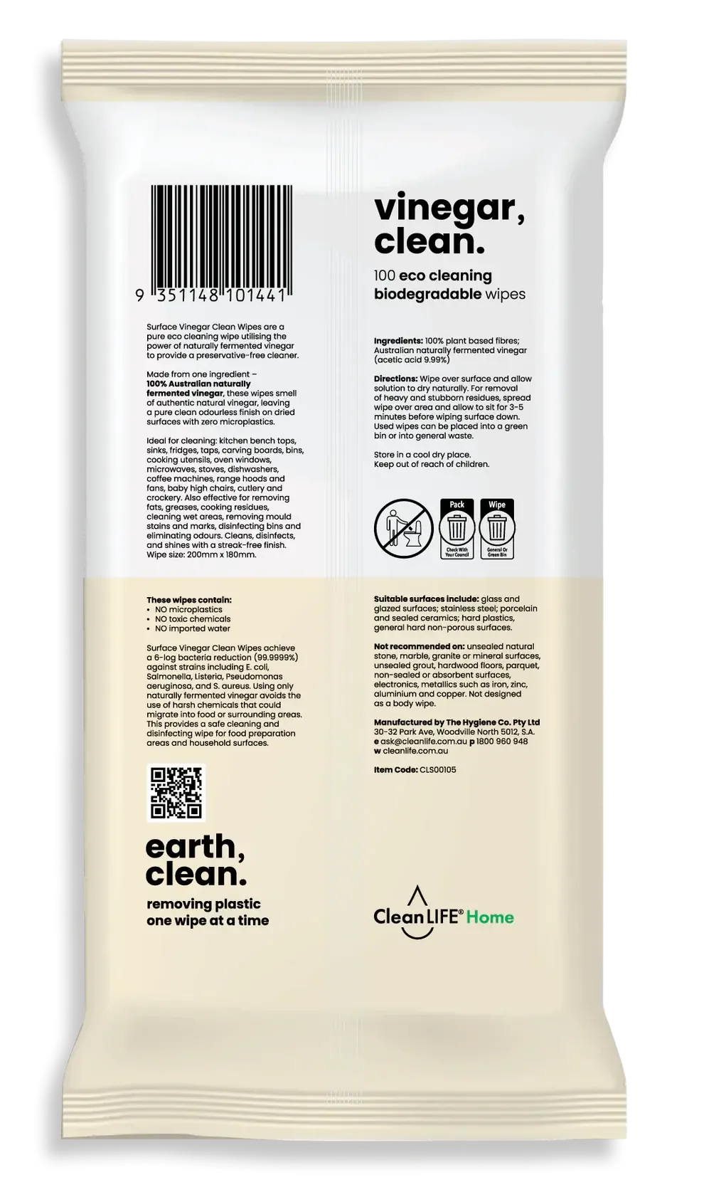 CleanLIFE - Surface Vinegar, Clean - 100 wipes - The Bare Theory