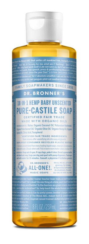 Dr Bronner's - 18 - in - 1 Hemp Pure - Castile Soap 237ml - BABY (unscented) - The Bare Theory