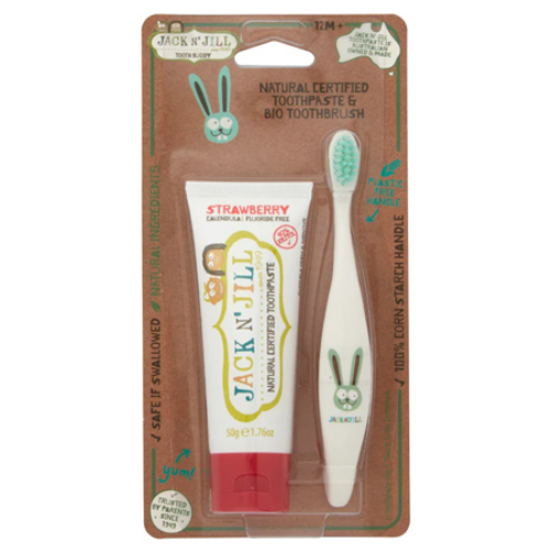 Jack N' Jill - Tooth Buddy Pack - Natural Certified Toothpaste Strawberry + Kids Toothbrush Bunny - The Bare Theory