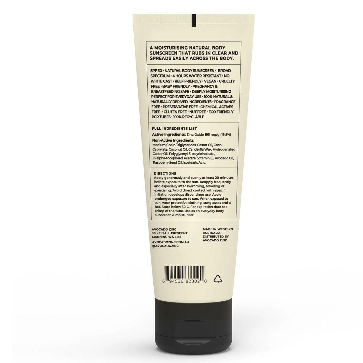 Avocado Zinc - SPF 30 Natural Body Sunscreen - The Bare Theory