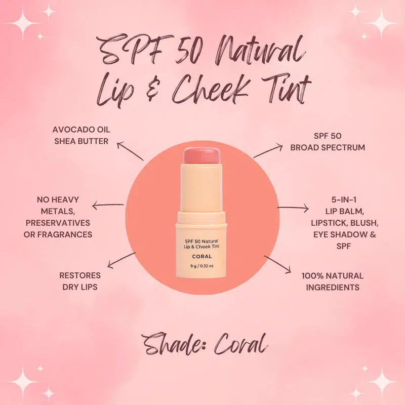 Avocado Zinc- SPF 50 Natural Lip & Cheek Tint- Coral - The Bare Theory