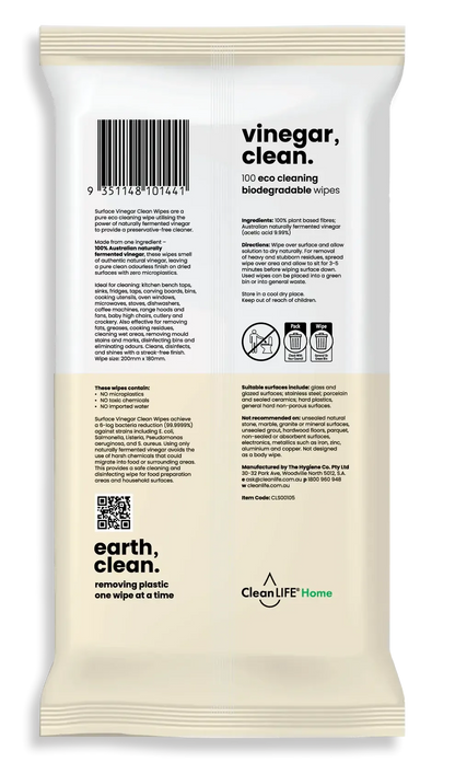 CleanLIFE - Surface Vinegar, Clean - 100 wipes - The Bare Theory