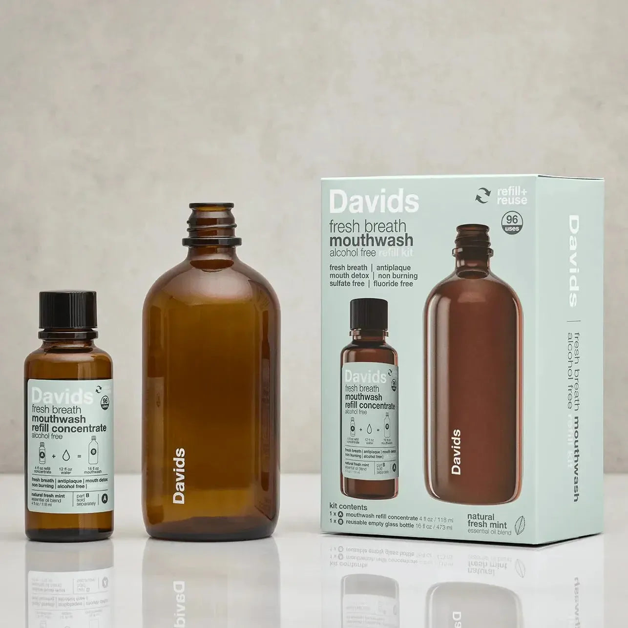 Davids Hydroxi™ Fresh Breath Mouthwash - Natural Fresh Mint | Mouthwash Refill Kit with Empty Glass Bottle - The Bare Theory