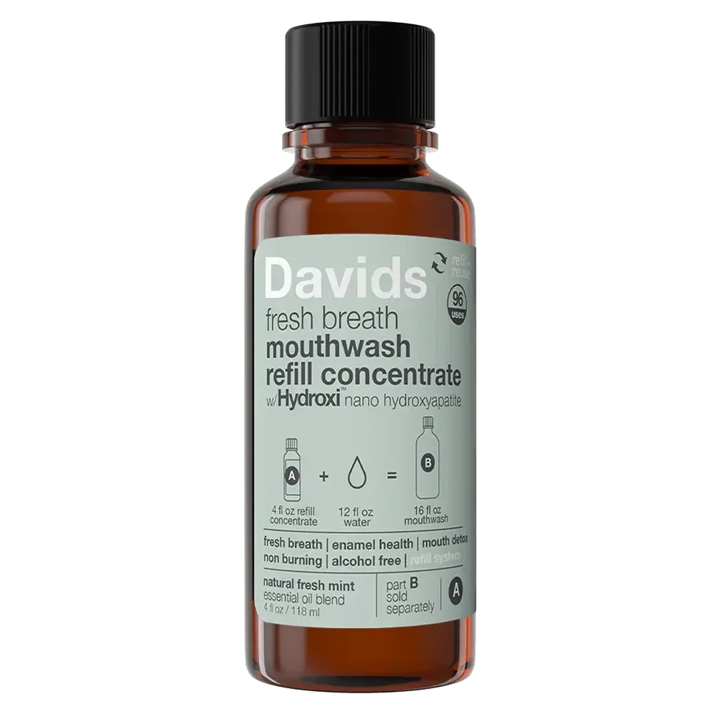 Davids Hydroxi™ Fresh Breath Mouthwash - Natural Fresh Mint | Mouthwash Refill Kit with Empty Glass Bottle - The Bare Theory