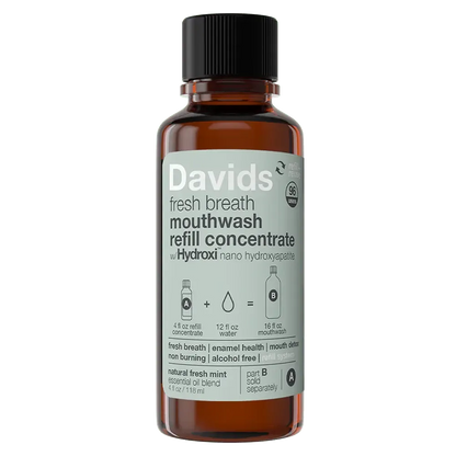 Davids Hydroxi™ Fresh Breath Mouthwash - Natural Fresh Mint | Mouthwash Refill Kit with Empty Glass Bottle - The Bare Theory