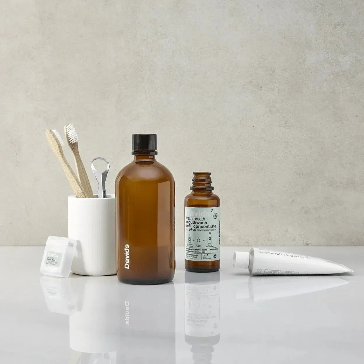 Davids Hydroxi™ Fresh Breath Mouthwash - Natural Fresh Mint | Mouthwash Refill Kit with Empty Glass Bottle - The Bare Theory