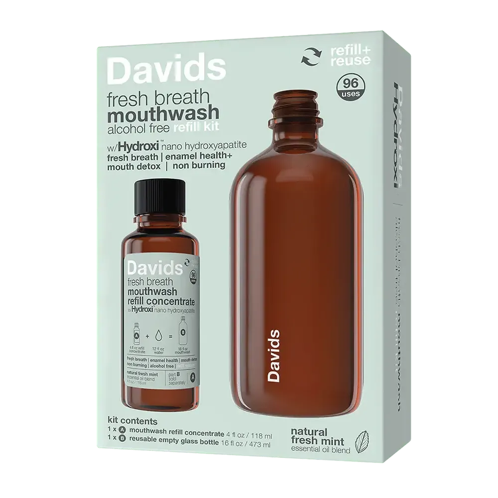 Davids Hydroxi™ Fresh Breath Mouthwash - Natural Fresh Mint | Mouthwash Refill Kit with Empty Glass Bottle - The Bare Theory