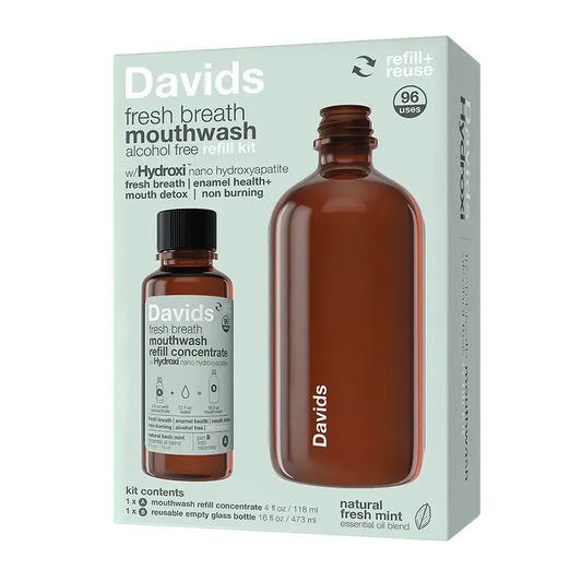 Davids Hydroxi™ Fresh Breath Mouthwash - Natural Fresh Mint | Mouthwash Refill Kit with Empty Glass Bottle - The Bare Theory