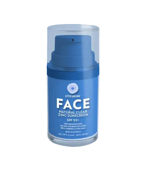 LITTLE URCHIN -NATURAL FACE CLEAR ZINC SUNSCREEN SPF 50+ 50g - The Bare Theory