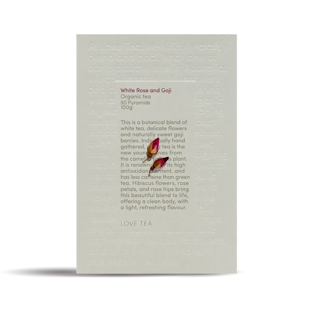 Love Tea - White Rose and Goji - Certified Organic Pyramids - The Bare Theory