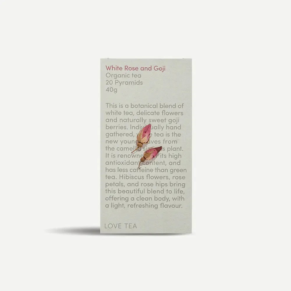 Love Tea - White Rose and Goji - Certified Organic Pyramids - The Bare Theory
